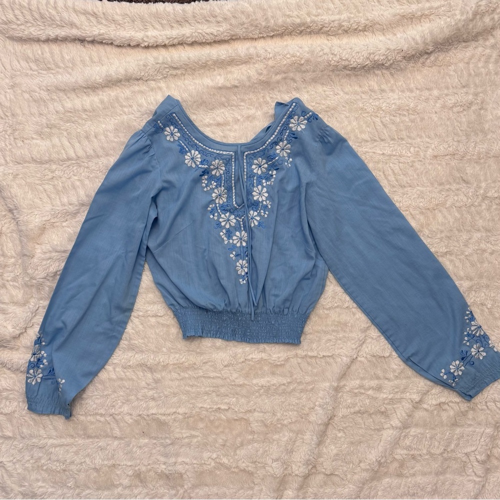 Blue Embroidered Women's Top floral embroidered details stretch waist button up